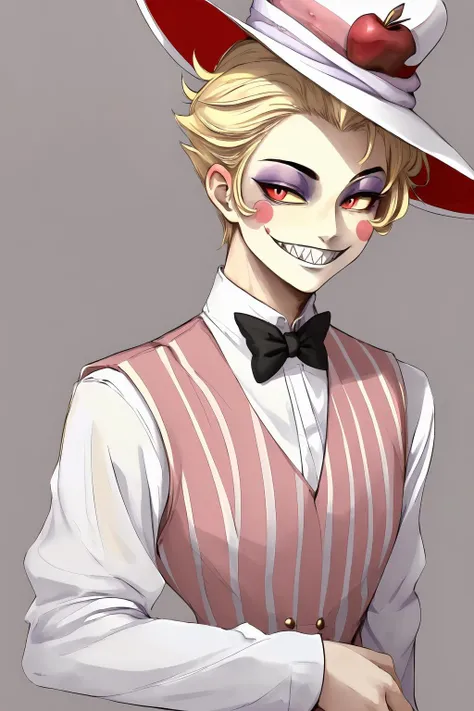 (masterpiece), best quality, (perfect face, blush stickers, grin, sharp teeth, colored skin, makeup), 1boy, male focus, solo, (blonde hair, short hair), (top hat, apple, hat, white headwear), (white coat, long sleeves, striped vest, suit, bowtie), (red eyes, yellow sclera, colored sclera,)  <lora:Lucifer-003:0.8>