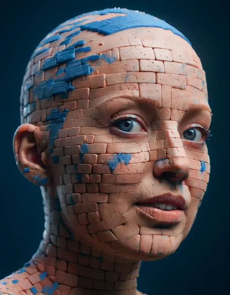 face closeup portrait, ais-brickz (bald, hairless) woman head, with blue paint splats. Dust, fog, darkness