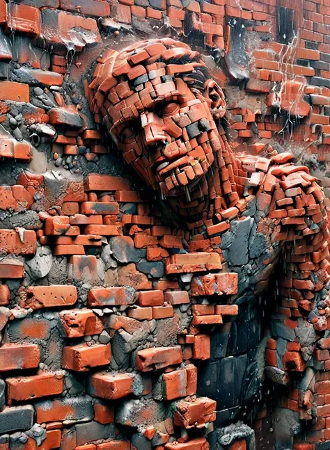 man immured in a brick wall, heavy rain, ais-brickz, 8k, F2.8, RAW Photo, ultra detailed, <lora:Bricks_Style_SDXL:1> <lora:xl_more_art-full_v1:0.8>