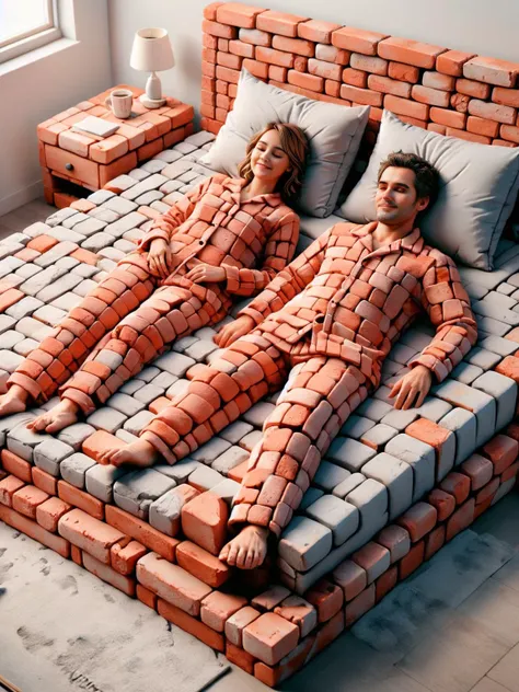 A couple wearing pyjamas lying down on an ais-brickz bed <lora:Bricks_Style_SDXL:1>