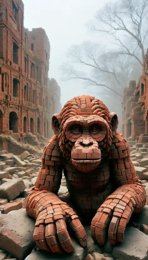 ais-brickz monkey lurking in the old ais-brickz ruins. Dust, fog, darkness