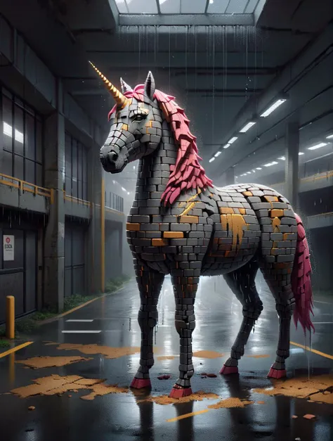 concept art, (dark black theme:0.7) , landscape of a Enchanted Desolate Unicorn from inside of a Parking garage, Raining, Simple illustration, soft lighting, Kintsugi, <lora:Bricks_Style_SDXL:1> ais-brickz