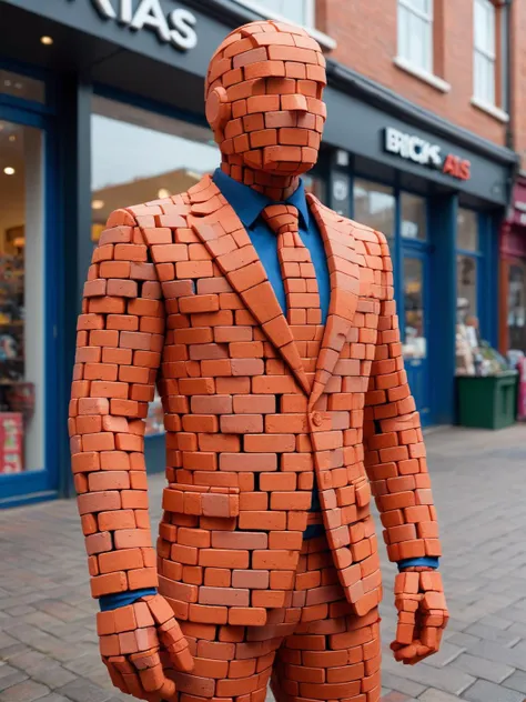 A man wearing an ais-brickz suit, outside of a shop <lora:Bricks_Style_SDXL:0.6>