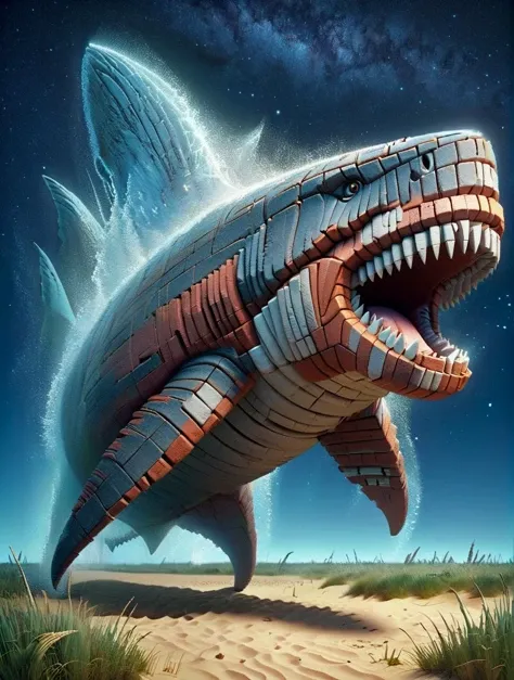 concept art, Rule of Thirds, medium shot of a Energetic Mysterious (head of a Megalodon:1.1) , Egyptian grass, Stars in the sky, F/5, Velvia, <lora:Bricks_Style_SDXL:1> ais-brickz
