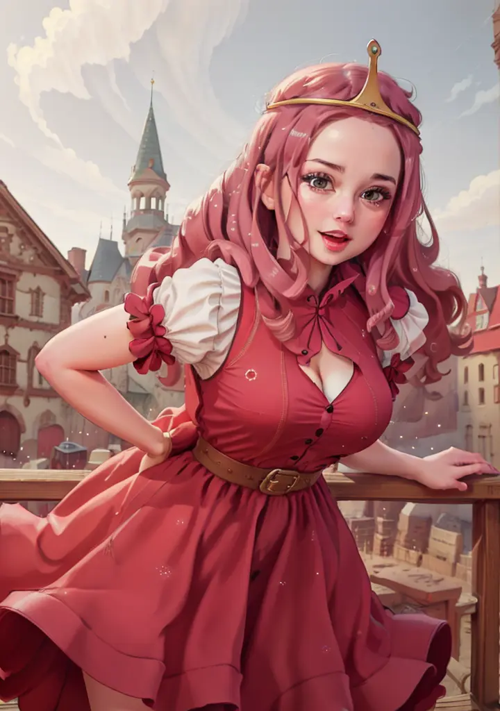 (BubblegumWaifu:1), cute, small breasts, dress, idol pose, breast focus, looking at viewer, :D,
(realistic:1.2), (realism), (masterpiece:1.2), (best quality), (ultra detailed), (8k, 4k, intricate),(full-body-shot:1),(Cowboy-shot:1.2), (85mm),light particles, lighting, (highly detailed:1.2),(detailed face:1.2), (gradients), sfw,
(detailed ladscape, castle, furniture:1.2),(detailed background),detailed landscape, (dynamic angle:1.2), (dynamic pose:1.2), (rule of third_composition:1.3), (Line of action:1.2), wide shot, solo,
<lora:princessbublegum_character-20:0.7>