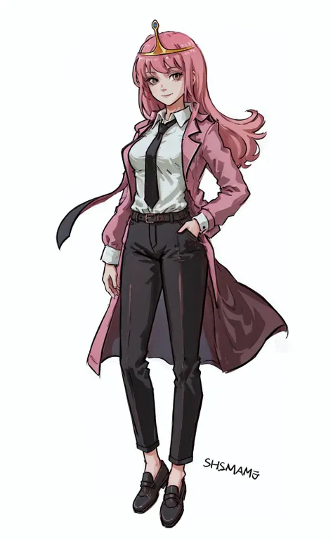 (masterpiece, best quality:1.2), (solo), (1girl), best quality, (photorealistic:1.4),ultra detailed, 1girl, solo, (full body:1.5), standing, (pink hair:1.4), short hair, (jelly-like hair:1.4), golden eyes, bangs, medium breasts, white shirt, necktie, stare, smile, (evil:1.2), looking at viewer, (interview:1.3), (office background:1.3), (mature female:1.4), (tiara:1.2), medium breast, csmakimam, tall girl, long legs, trousers, (black coat), bubblegumwaifu <lora:makimaChainsawMan_offset:1> <lora:makimaEyesInpaint_csmakima:0.6> <lora:princessbublegum_character:0.6>