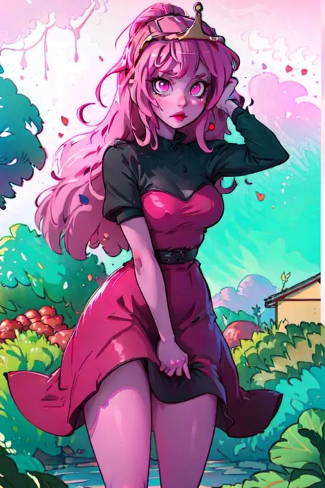 (bubblegumwaifu:1.0), (pink skin), (pink hair, long pink dress, pink skin, pink eyes:1.2), floor length hair, long princess dress, tall and slender, cartoony facial features, large round eyes, (full-body-shot:1),(Cowboy-shot:1.2), candy themed village, ((candy themed background)), candy, neon lighting, dark romantic lighting, (highly detailed:1.2),(detailed face:1.2), (gradients), colorful, detailed eyes, (detailed landscape:1.2), (natural lighting:1.2),(detailed background),detailed landscape, (cute pose:1.2), close shot, solo, <lora:princessbublegum_character-20:0.7> <lora:add_detail:0.05> <lora:hipoly3DModelLora_v10:0.05> <lora:RSERomantic_RSESofiko_RSEEmma-v1:0.1> <lora:CharacterDesign_Concept-10:0> <lyco:coloredSkin-08:1.0>