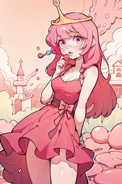 (BubblegumWaifu, Princess Bubblegum:1.0), (pink skin), (pink hair, long pink dress, pink skin, pink eyes, dress:1.2), (princess crown:1.2), (floor length hair, long princess dress:1.2), tall and slender, cartoony facial features, large round eyes, (Cowboy-shot:1.2), candy themed village, ((candy themed background)), pastel lighting, pastel background, candy themes, candy, neon lighting, dark romantic lighting, (highly detailed:1.2),(detailed face:1.2), (gradients), colorful, detailed eyes, (detailed landscape:1.2), (natural lighting:1.2),(detailed background),detailed landscape, (cute pose:1.2), close shot, solo, <lora:princessbublegum_character-20:0.6> <lora:add_detail:0.05> <lora:hipoly3DModelLora_v10:0.05> <lora:RSERomantic_RSESofiko_RSEEmma-v1:0.1> <lyco:coloredSkin-08:0.1>