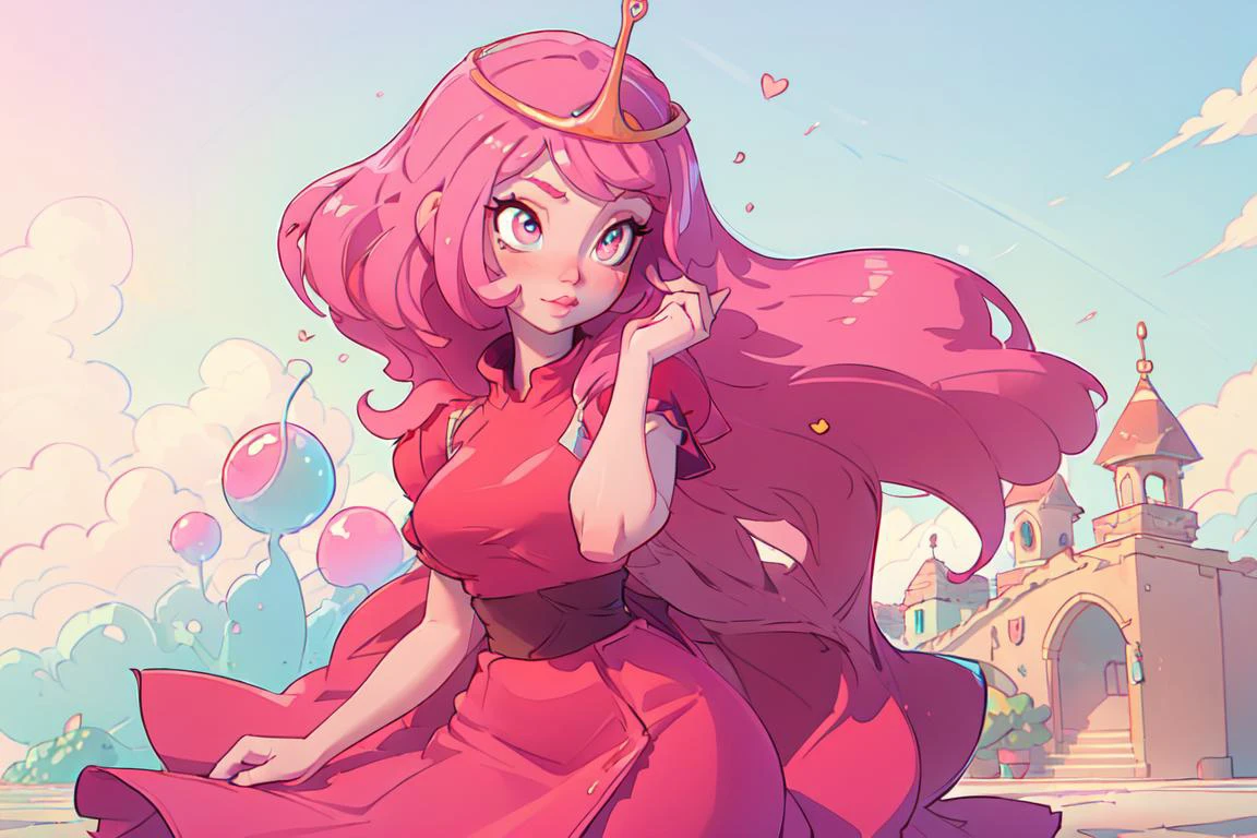 (BubblegumWaifu, Princess Bubblegum:1.0), (pink skin), (pink hair, long pink dress, pink skin, pink eyes, dress:1.2), (princess crown:1.2), (floor length hair, long princess dress:1.2), tall and slender, cartoony facial features, large round eyes, (Cowboy-shot:1.2), candy themed village, ((candy themed background)), pastel lighting, pastel background, candy themes, candy, neon lighting, dark romantic lighting, (highly detailed:1.2),(detailed face:1.2), (gradients), colorful, detailed eyes, (detailed landscape:1.2), (natural lighting:1.2),(detailed background),detailed landscape, (cute pose:1.2), close shot, solo, <lora:princessbublegum_character-20:0.6> <lora:add_detail:0.05> <lora:hipoly3DModelLora_v10:0.05> <lora:RSERomantic_RSESofiko_RSEEmma-v1:0.1> <lyco:coloredSkin-08:0.1>