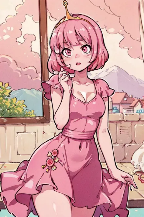 (BubblegumWaifu, Princess Bubblegum:1.0), (pink skin), (pink hair, long pink dress, pink skin, pink eyes, dress:1.2), (princess crown:1.2), (floor length hair, long princess dress:1.2), (tall and slender:1.5), cartoony facial features, large round eyes, (Cowboy-shot:1.2), candy themed village, ((candy themed background)), pastel lighting, pastel background, candy themes, candy, neon lighting, dark romantic lighting, (highly detailed:1.2),(detailed face:1.2), (gradients), colorful, detailed eyes, (detailed landscape:1.2), (natural lighting:1.2),(detailed background),detailed landscape, (cute pose:1.2), close shot, solo, <lora:princessbublegum_character-20:0.6> <lora:add_detail:0.3> <lora:hipoly3DModelLora_v10:0.05> <lora:RSERomantic_RSESofiko_RSEEmma-v1:0.1> <lyco:coloredSkin-08:0.25>