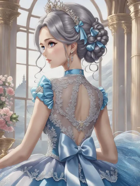 breathtaking anime key visual, beautiful mature queenly woman, grey hair, hair bun, blue princess dress, bows, ribbons, <lora:xl_princess_dress-1.0:0.8> . award-winning, professional, highly detailed