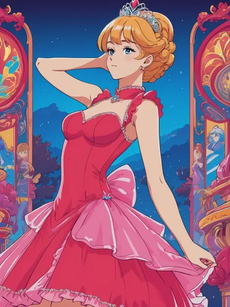 Pop Art style anime screencap, beautiful young woman wearing a Neon Red princess dress, <lora:xl_princess_dress-2.0:0.8>, Theatre, Stretching, . Bright colors, bold outlines, popular culture themes, ironic or kitsch