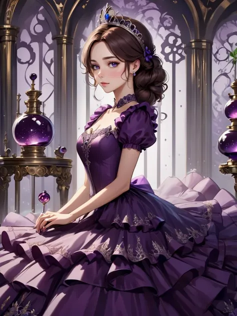 breathtaking beautiful young woman wearing a Dark Purple princess dress, <lora:xl_princess_dress-2.0:0.8>, Toxicology Laboratory, Crawling, . award-winning, professional, highly detailed