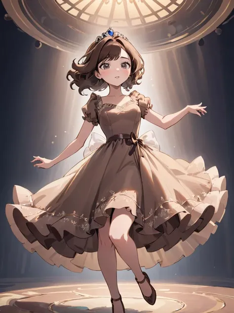 breathtaking beautiful young woman wearing a Mocha princess dress, <lora:xl_princess_dress-2.0:0.8>, Research Center, Jumping, . award-winning, professional, highly detailed
