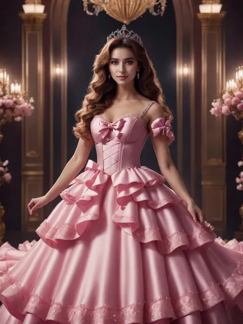 cinematic photo beautiful young woman wearing a pink princess dress, <lora:xl_princess_dress-2.0:0.8>, bloom, dreamscape, soft lighting, coy smile, big hair, full body, sultry pose, throne room, looking at viewer, ribbon, bow . 35mm photograph, film, bokeh, professional, 4k, highly detailed