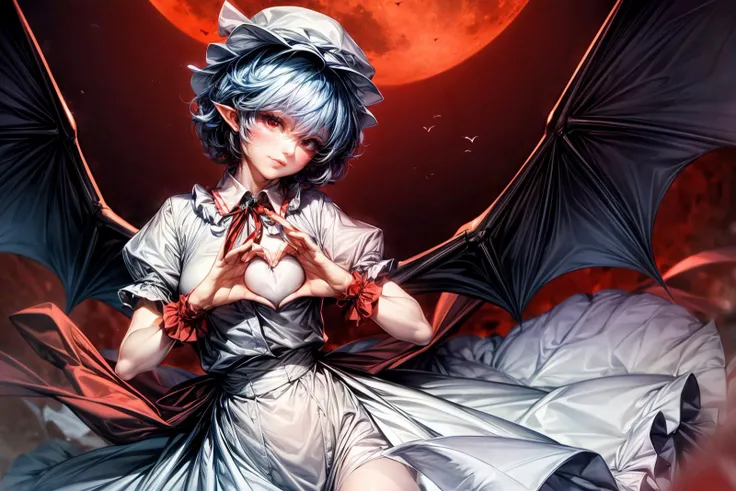 post-Impressionist masterpiece,best quality,extremely clear,<lora:add_detail:2>,<lora:GoodHands-beta2:1>,1girl,solo,<lora:Remilia Scarlet:0.7>,remilia scarlet,red eyes,short hair,bat wings,hat,blue hair,hat ribbon,short sleeves,wrist cuffs,puffy short sleeves,red ribbon,frilled shirt,white skirt,frilled,white shirt,frilled sleeves,pointy ears,white headwear,red western style luxury mansion,night,red moon,<lora:Concept_HeartShapedBoob:1>,heart hands,