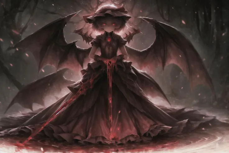 masterpiece, best quality, highres, ultra-detailed, <lora:Remilia Scarlet:0.8> remilia scarlet, 1girl, spear the gungnir, red eyes, flat chest, bloody red wedding dress, <lora:BloodMagic-20:0.7> bloodmagic, fantasy, magical energy, blood