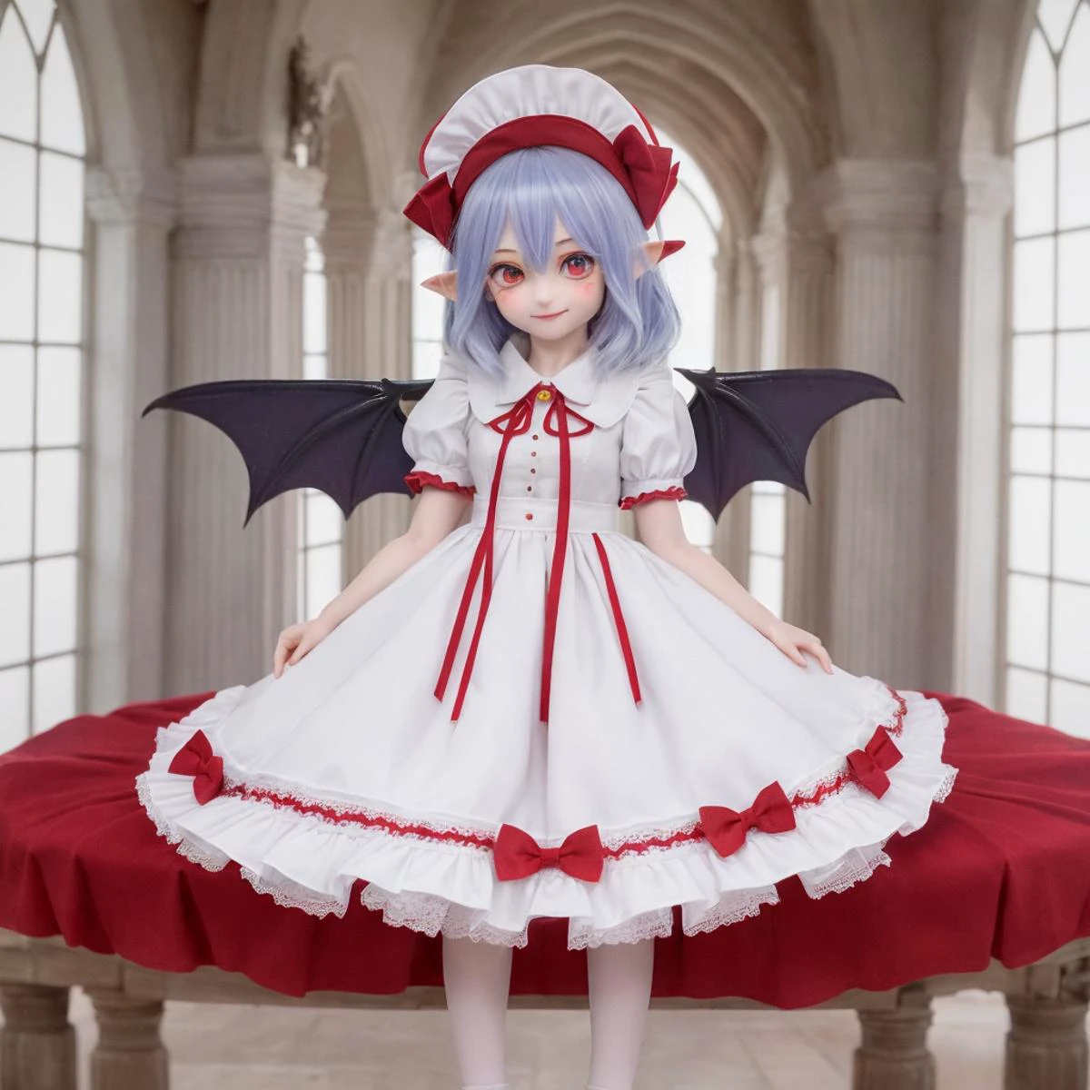 (masterpiece, best quality, ultra-detailed, highres:1.2),
(doll, dd, dollgirl:1.1), 1girl, pretty, photorealistic, (remilia scarlet, remilia:1.5),
red eyes, short hair, blue hair, (a pair of bat wings:1.2), (white headwear, hat ribbon, mod cap, maid hat:1.2), white dress,
short sleeves, wrist cuffs, puffy short sleeves, red ribbon, frilled shirt, white skirt, frilled, white shirt, frilled sleeves, pointy ears,
(full body:1.2), posture, idol, nose blush, smile, beautiful detailed eyes, heavy eye makeup,
high detailed background, intricate background, (castle, cathedral, night, outdoor, stars in sky, red moon:1.1), cinematic, epic,