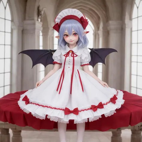 (masterpiece, best quality, ultra-detailed, highres:1.2),
(doll, dd, dollgirl:1.1), 1girl, pretty, photorealistic, (remilia scarlet, remilia:1.5),
red eyes, short hair, blue hair, (a pair of bat wings:1.2), (white headwear, hat ribbon, mod cap, maid hat:1.2), white dress,
short sleeves, wrist cuffs, puffy short sleeves, red ribbon, frilled shirt, white skirt, frilled, white shirt, frilled sleeves, pointy ears, 
(full body:1.2), posture, idol, nose blush, smile, beautiful detailed eyes, heavy eye makeup,
high detailed background, intricate background, (castle, cathedral, night, outdoor, stars in sky, red moon:1.1), cinematic, epic,