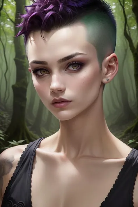 woman in a mythical forest, masterpiece, perfect face, intricate details, horror theme, raw photo, photo unp SuperShortHair