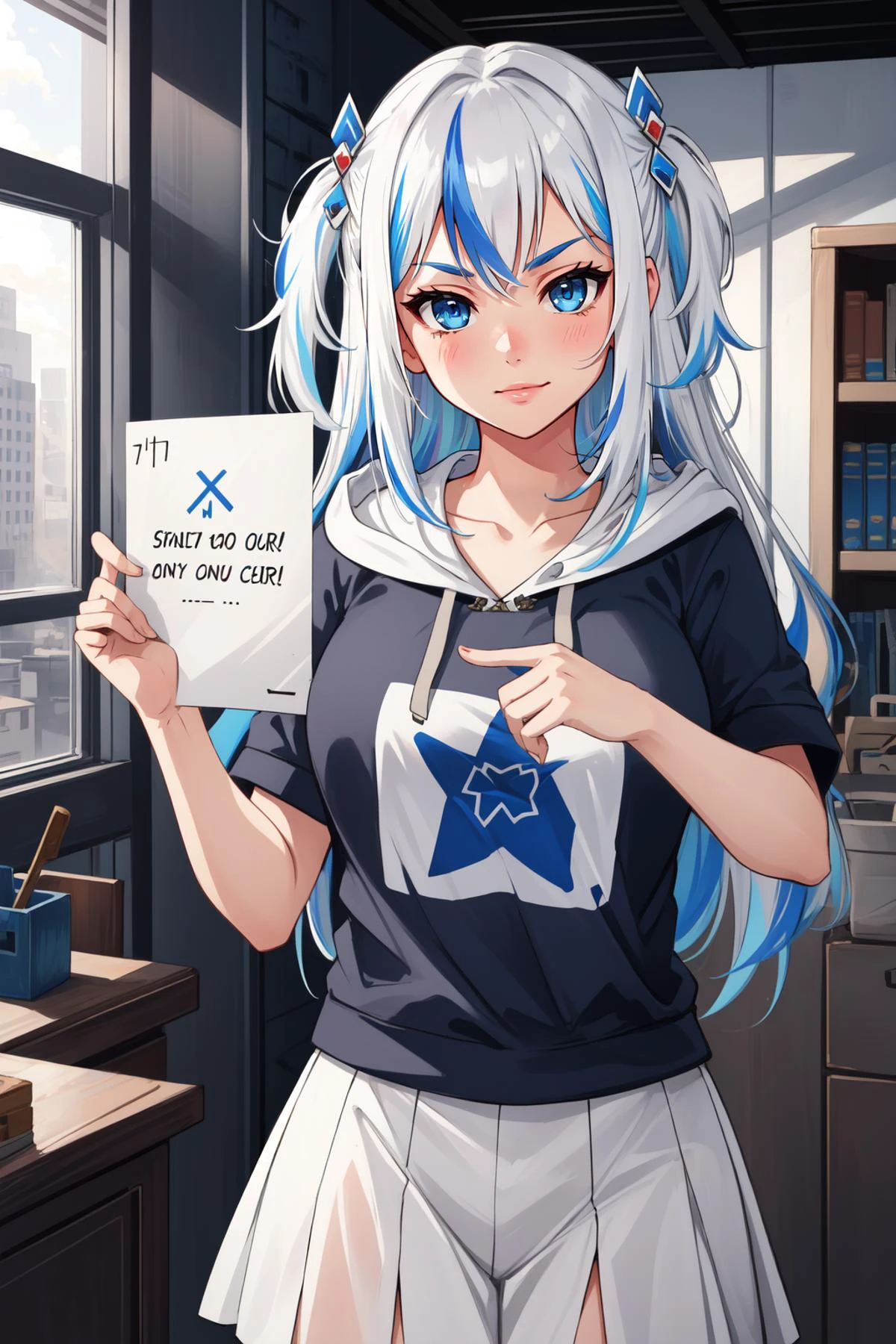 (masterpiece, best quality), intricate details,
1girl, <lora:gawr_gura:0.8> gawr gura, gray hair, hair ornaments,two side up, streaked hair,blue eyes, blue sweatshirt, hoodie, hood down, smug, holding sign,