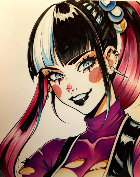 punchline, 1girl, solo, long hair, breasts, looking at viewer, smile, bangs, blue eyes, black hair, jewelry, upper body, ponytail, multicolored hair, earrings, spiked earrings, blunt bangs, hair ornament, torn clothes, makeup, traditional media, piercing, black lips, blush stickers <lora:punchline_DC-12:.8>