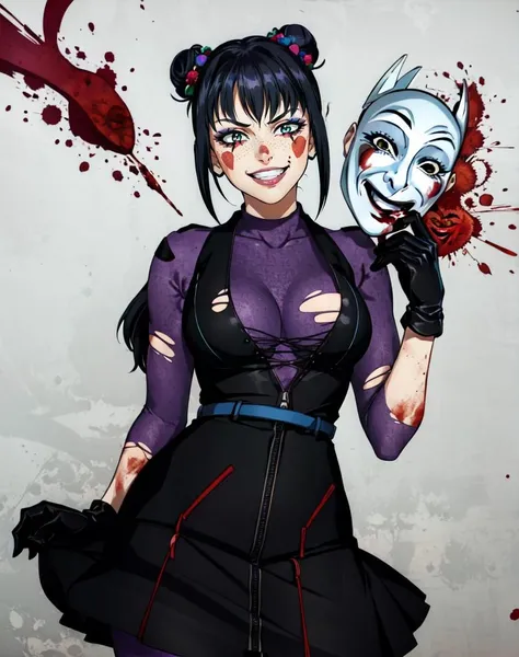 punchline, 1girl, solo, long hair, breasts, looking at viewer, smile, skirt, large breasts, simple background, black hair, gloves, holding, pantyhose, hair bun, grin, torn clothes, blood, mask, black background, mask removed, holding mask, cuts, facepaint, makeup, black skirt, purple shirt, black corset, hair ornament, <lora:punchline_DC-12:.8>