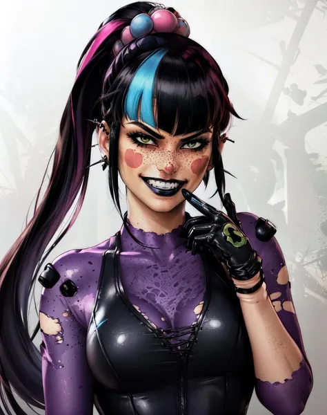 punchline, 1girl, solo, long hair, breasts, looking at viewer, smile, bangs, black hair, gloves, holding, blue hair, upper body, hair ornament, ponytail, multicolored hair, teeth, black gloves, blunt bangs, grin, two-tone hair, streaked hair, piercing, freckles, black lips, blush stickers, evil grin, 3D, render, <lora:punchline_DC-12:.8>