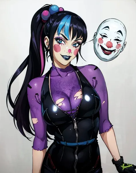 punchline, 1girl, solo, long hair, breasts, looking at viewer, smile, large breasts, black hair, gloves, cleavage, ponytail, multicolored hair, cowboy shot, sleeveless, black gloves, streaked hair, hair ornaments, head tilt, bodysuit, makeup, masks in background, black lips, facepaint, painted cheeks, painted nose, clown makeup, blush stickers, digital painting, <lora:punchline_DC-12:.8>