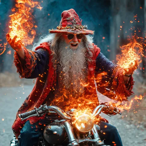 macro shot, cinematic action still of cheerful elderly grandpa casting massive red flame spell in hands, holding spellbooks, big beard, very thick mustache, sitting on motorcycle, (wide open maniac laugh:1.2), black torn sweater, short messy hair, wearing sunglasses and wizard hat, full body shot arms up, <lora:Fantasy_Wizard__Witches_SDXL:1> HKMagic, everything is on fire
