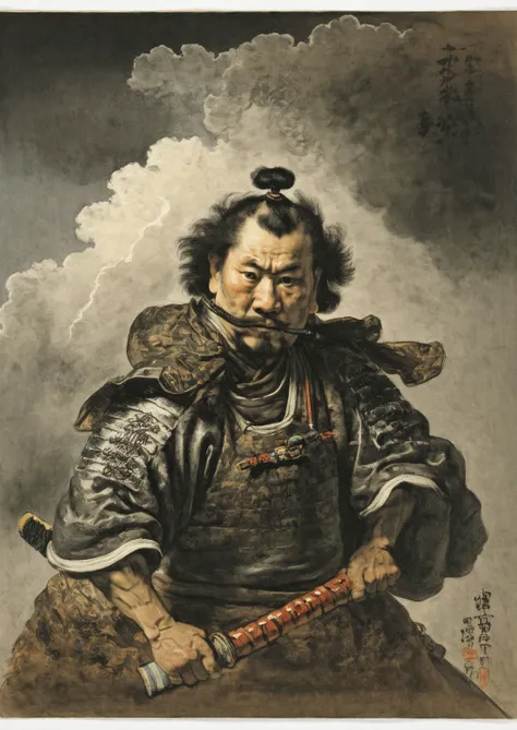 [<lora:UtagawaKuniyoshiXL_v1:1>UtagawaKuniyoshiXL:<lora:RembrandtXL_v1:1>RembrandtXL:0.2], portrait of a samurai warrior, looking at viewer, heavy clouds background, armor, light and shadow, dark contrasts, style of [Utagawa Kuniyoshi:Rembrandt:0.2]