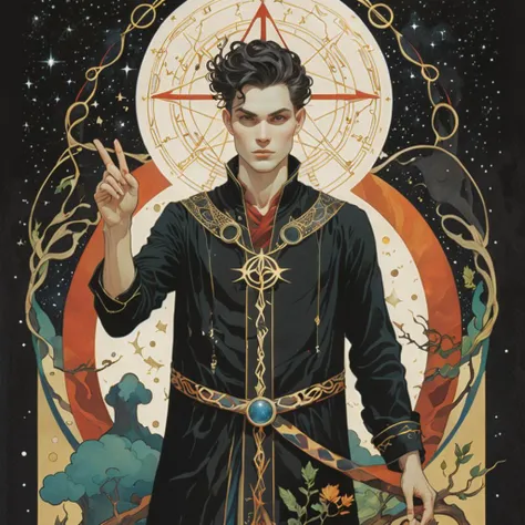The Magician tarot card, (young man He stands with one arm stretched upwards towards the Universe, and the other pointing down to the earth. His positioning represents his connection between the spiritual realms and the material realms. The Magician uses this relationship to create and manifest his goals in the physical realm. He is the conduit that converts energy into matter. The Magicianâs robe is white, symbolising purity, and his cloak is red, representing worldly experience and knowledge. On the table in front of him are the four symbols of the Tarot suits â a cup, pentacle, sword and wand â each symbolising one of the four elements â water, earth, air and fire. It is also a sign that he has all the tools (and elements) he needs to manifest his intentions into being. Above his head is the infinity symbol, and around his waist is a snake biting its own tail â both of which signal that he has access to unlimited potential. And in the foreground is an array of foliage and flowers, symbolising the blossoming and fruition of his ideas and aspirations.), tarot card, nagual, spirit, dark atmosphere, detailed linework, cinematic, black paper with vibrant line work, ornate, symmetrical, tarot card, highly detailed, ink illustration, style of peter mohrbacher, golden ratio, 4k <lora:add-detail-xl:1>, ( by Alessandro Gottardo Victo Ngai ) <lora:xl_more_art-full_v1:1>