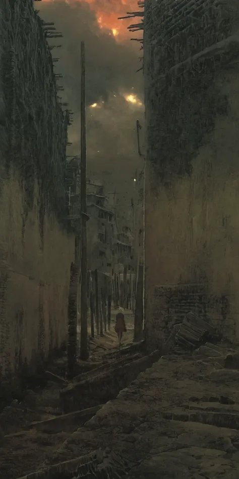 high-quality 4k hd anime screencap in mnst artstyle of a girl walking in a war scene, digital artwork by Beksinski, <lora:SDXL1.0_Essenz-series-by-AI_Characters_Style_MakotoShinkai-v1.2:1> , <lora:sdxl_lora_beksinski:1>