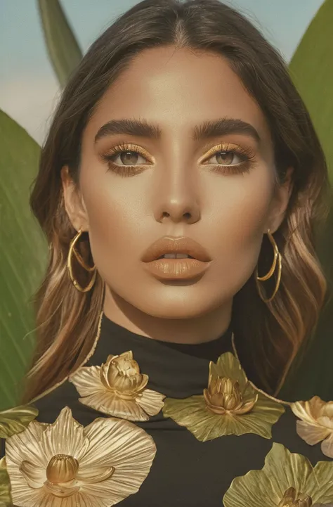 estephania, overgrown jungle, lake, cove, large rocks, water lilies, shade, black turtleneck bodycon dress with gold details BREAK (masterpiece), (detailed face)+, film photography, surrealism, fantasy, cinematic, hyperdetailed photography, cover, model shoot, perfect eyes, detailed face, detailed eyes, detailed nose, detailed lips, natural skin, detailed hands, bloom, sharp focus, soft light, side light, film grain, 4k, instagram,