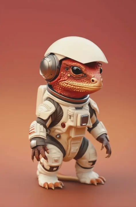 isometric view of a MINI cute hyperrealistic futuristic soldier lizard wearing an astronaut helmet. red skin. Cinematic, hyper detailed, brown GRADIENT background , highly detailed, zoomed out,