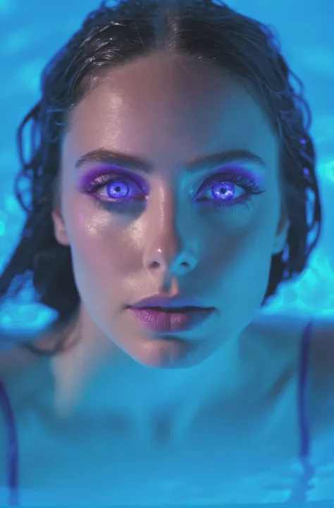 a woman in a pool with her eyes closed, moody purple glow light, intense blue eyes, with haunted eyes and dark hair, blue eyes. deep focus, backlight photo sample, neon lenses for eyes, seducing eyes, inspired by HAP Grieshaber, colorful eyes, watery doe eyes, inspired by Jnos Dont, with beautiful exotic