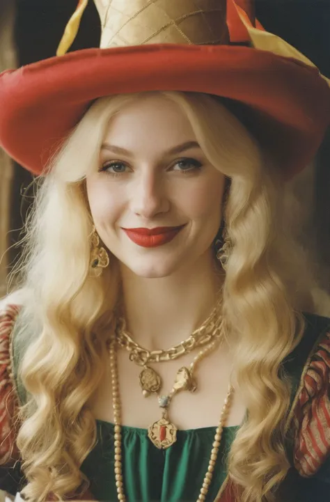 candid photo of a medieval jester, 1girl, solo, long hair, smile, blonde hair, hat, dress, jewelry, upper body, puffy sleeves, necklace, sad smile, makeup, lipstick, pale skin, red lips, photorealistic,analogue photography,edge lighting,indoors,