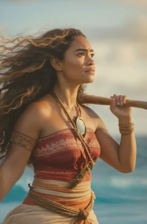 cinematic photo a spirited (woman) As Moana from Moana, navigating the vast ocean, determined to save her people and find her own destiny., Hair flowing with the ocean breeze, mirroring her connection to the sea and her ancestors., . 35mm photograph, film, bokeh, professional, 4k, highly detailed