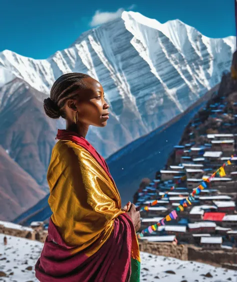 long shot scenic professional photograph of Portrait of a young african woman in a shimmery gown, in the background is High in the snow-capped mountains, a secluded monastery stands at the edge of a cliff. Monks in vibrant robes meditate, while colorful prayer flags flutter in the wind, sending wishes to the skies, high contrast, masterpiece, dramatic lighting, ultra realistic, colorful, depth of field, bokeh, cinematic, wide angle, perfect viewpoint, highly detailed, wide-angle lens, hyper realistic, with dramatic sky, polarizing filter, natural lighting, vivid colors, everything in sharp focus, HDR, UHD, 64K