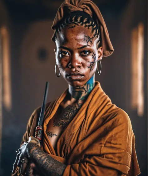 Portrait of a young african woman in a monk's robe, intense eyes, battle scars, tattoos, weapons, angry, looking into camera, high contrast, masterpiece, dramatic lighting, ultra realistic, colorful, depth of field, bokeh, cinematic, wide angle