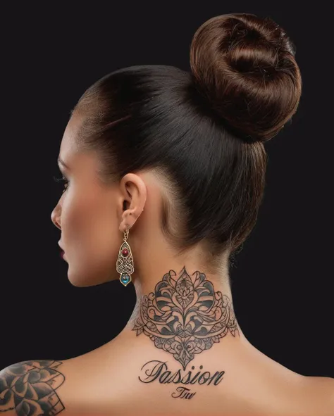 retail packaging style, (an tattoo), (((symmetric filigree))), on the nape of a young woman from behind, (looking to the left:1.3), (double bun hair style:1.4), necklace, earrings, soft black backdrop, extreme close-up, (skin texture:1.5), vibrant and professional edge lighting, incredibly high-resolution details, incredibly realistic push realism to the extreme, vibrant, enticing, commercial, product-focused, eye-catching, professional, highly detailed