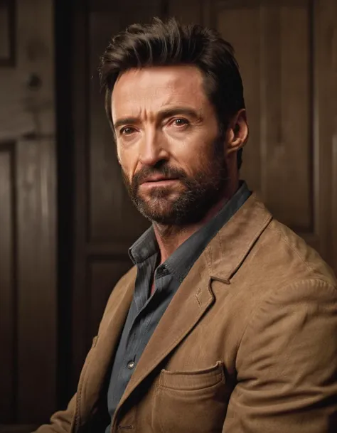 wide angle cinematic film still side view of hugh jackman with a beard wearing a cowboy outfit sitting in an old west saloon, detailed eyes, shallow depth of field, vignette, highly detailed, high budget Hollywood film, cinemascope, moody, epic, gorgeous