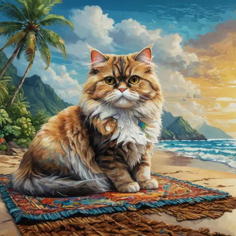 professional painting by Android Jones of a single persian cat laying on a rug. The cat has relaxed pose and satisfied expression. There is a tropical beach in background. cinematic focus on the cat, dynamic pose, dynamic background, dynamic composition, dynamic lighting, realistic proportions, hdr, raytracing, extreme detailed, ultra detailed, intricate details, highly detailed atmosphere, highly detailed textures.