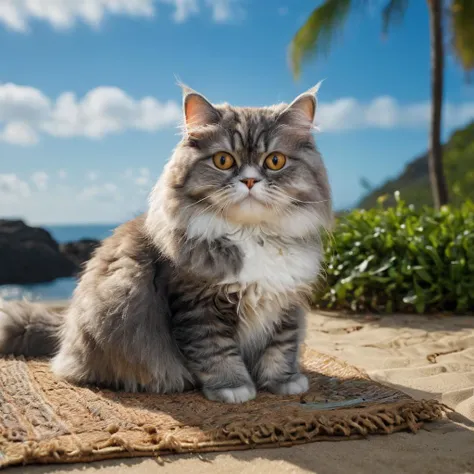 professional portrait photo by Yousuf Karsh of a single persian cat laying on a rug. The cat has relaxed pose and satisfied expression. There is a tropical beach in background. cinematic focus on the cat, dynamic pose, dynamic background, dynamic composition, dynamic lighting, realistic proportions, hdr, raytracing,  extreme detailed, ultra detailed, intricate details, 16k resolution, ultra realistic, photorealistic, highly detailed atmosphere, highly detailed textures.