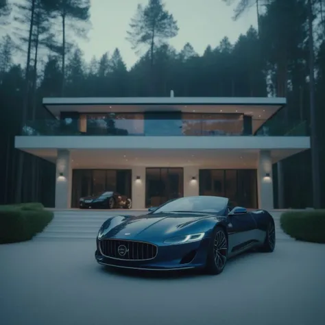 masterpiece photo of luxury villa in the forrest, sport car parked, (((cinematic))), shot on arri alexa