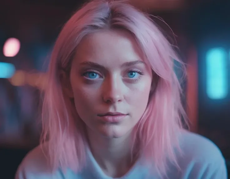 dramatic pale pink light, light blue light, close up portrait of woman, cinematic film still of pink blue orange colorful color graded movie night scifi scene, cafe, light blue eyes