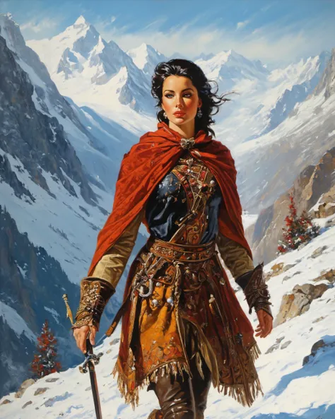 (absurdres, best quality, highly detailed:1.2), a medieval female traveler crossing the alps in winter, in the style of Brent Heighton, black hair