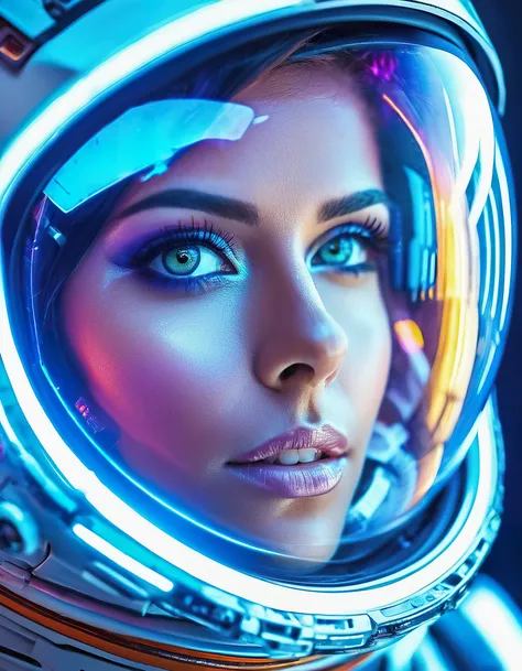 sci-fi style futuristic astronaut woman closeup portrait, detailed eyes, vibrant colours, glass reflections, dry skin, fuzzy skin, lens flare, futuristic, technological, alien worlds, space themes, advanced civilizations