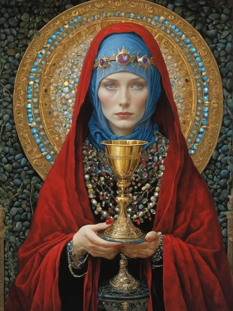 glamorous photo of (Recycled Digital Artwork:1.3) of (Screen print:1.3),(Sad:1.3) Christmas Red, apocalyptic,deeply thoughtful,artistic,gorgeous,honorable, beautiful, symmetric, elements, Ruby, Gold, Regular pattern, Person, Object, Frame, Branches, glass, crystal, Renaissance Beggar: Wrapped in a patched cloak, her frail body is hunched and her face weathered. Gray hair peeks from under a frayed cap, and her blue eyes are dim with hardship but still hopeful. Bejeweled Chalice: A drinking cup encrusted with precious stones and intricate designs, used in important ceremonies., <lora:clothing_slider_v19:1>,(by Artist Jacek Yerka:1.3),CGSociety,ArtStation,(Neogothic Art:1.3),(Kinemacolor:1.3), high fashion, luxurious, extravagant, stylish, sensual, opulent, elegance, stunning beauty, professional, high contrast, detailed