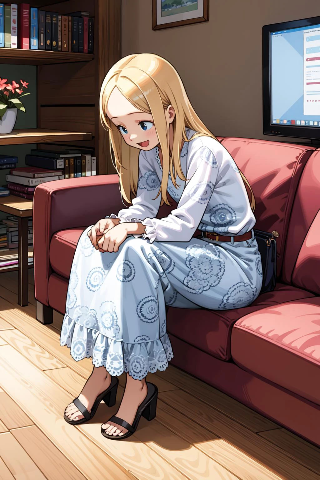 (best quality:1.4), amazing intricate, cute girl, round eyes, dropping eyes, small breasts,
:d, platinum blonde hair, playing with her hair, livingroom,
(looking away:1.2),
long hair, straight hair, (parted bangs:1.2), from front, full body,
Lace frilled shirt worn with a printed bohemian long skirt and kitten heels